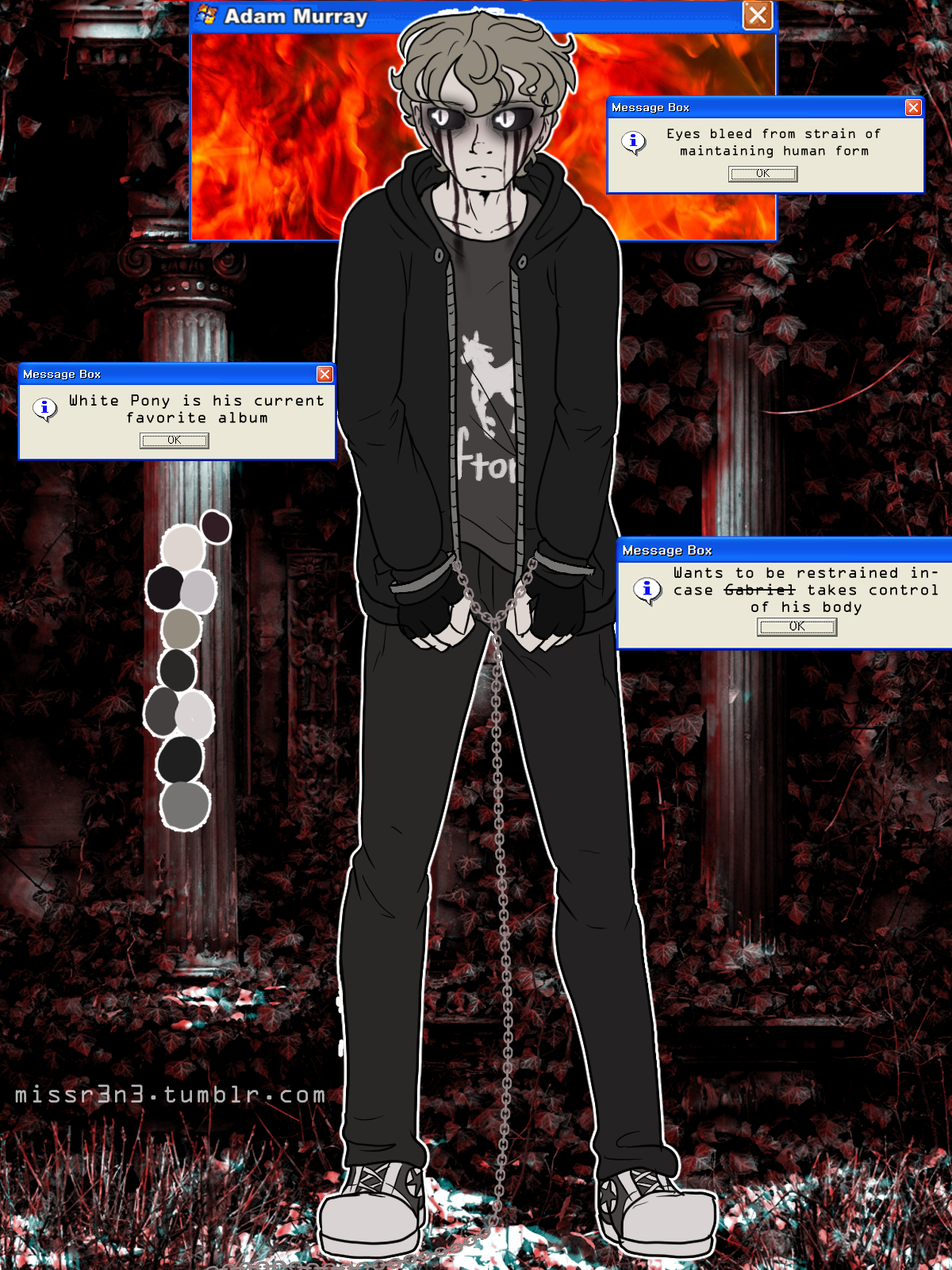 adam murray with black sclera and white pupils, bleeding eyes, and his hands in handcuffs in front of a glitching ancient ruin